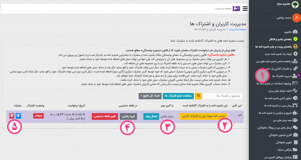 صفحه مدیریت اشتراک ها